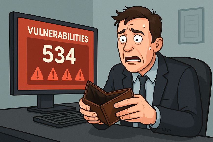 Create an image where a security leader is sitting at their desk looking up panicked at a screen that shows a number of vulnerabilities At the same ti-4-1