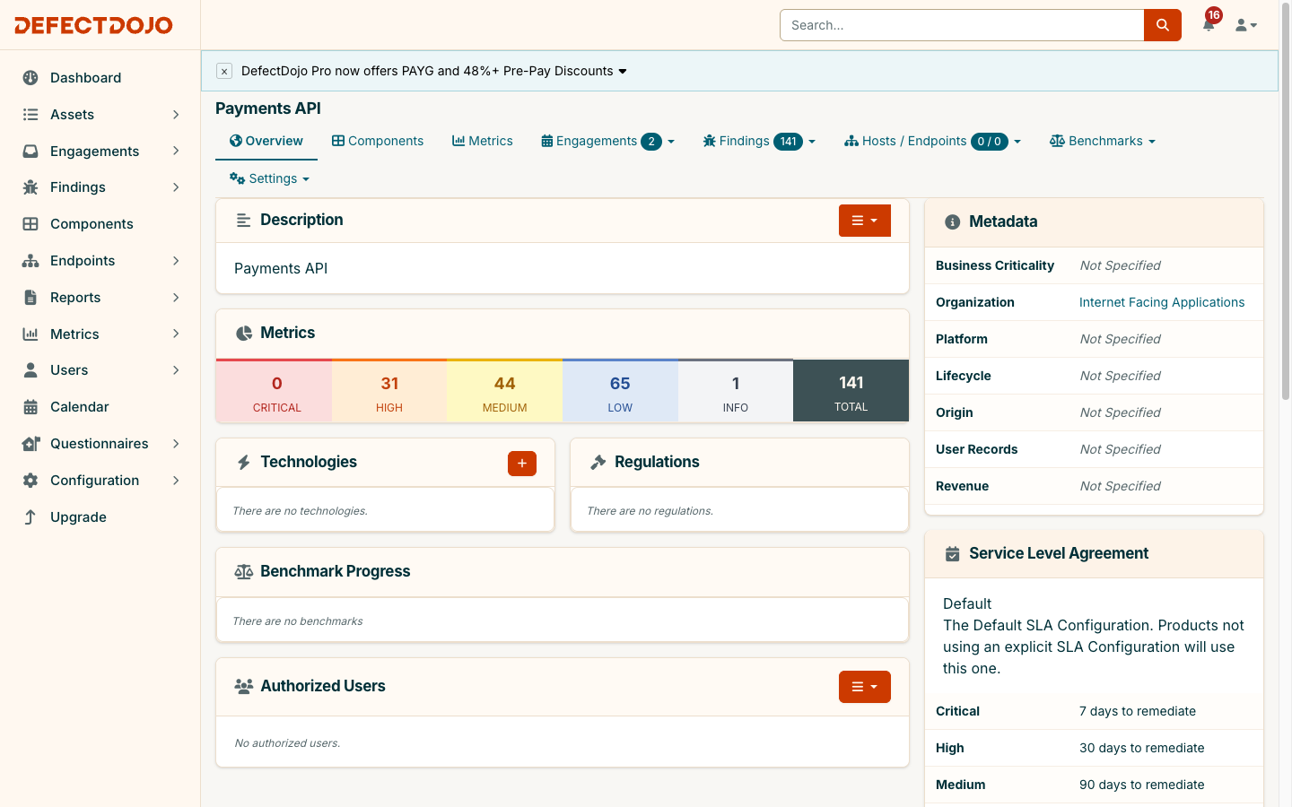 An asset overview page in Community Edition 3.4.0 with the severity counter row in matching tints, icon-led card headings and evenly spaced cards