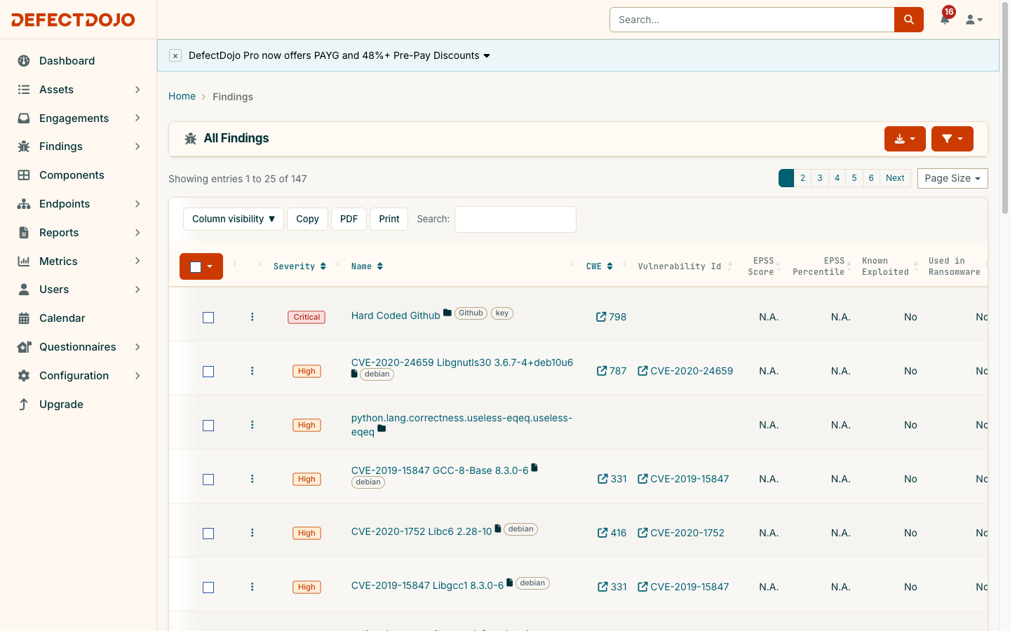 The All Findings list in Community Edition 3.4.0 with tinted Critical and High severity labels, grey tag chips and a card toolbar aligned to the header