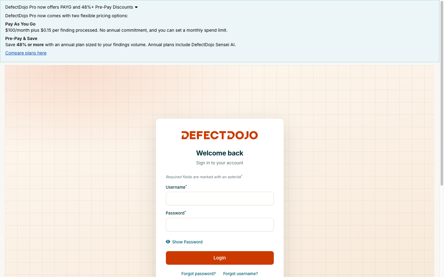 The new Community Edition login screen: centered DefectDojo wordmark, username and password fields, an orange Login button and teal links on a warm backdrop